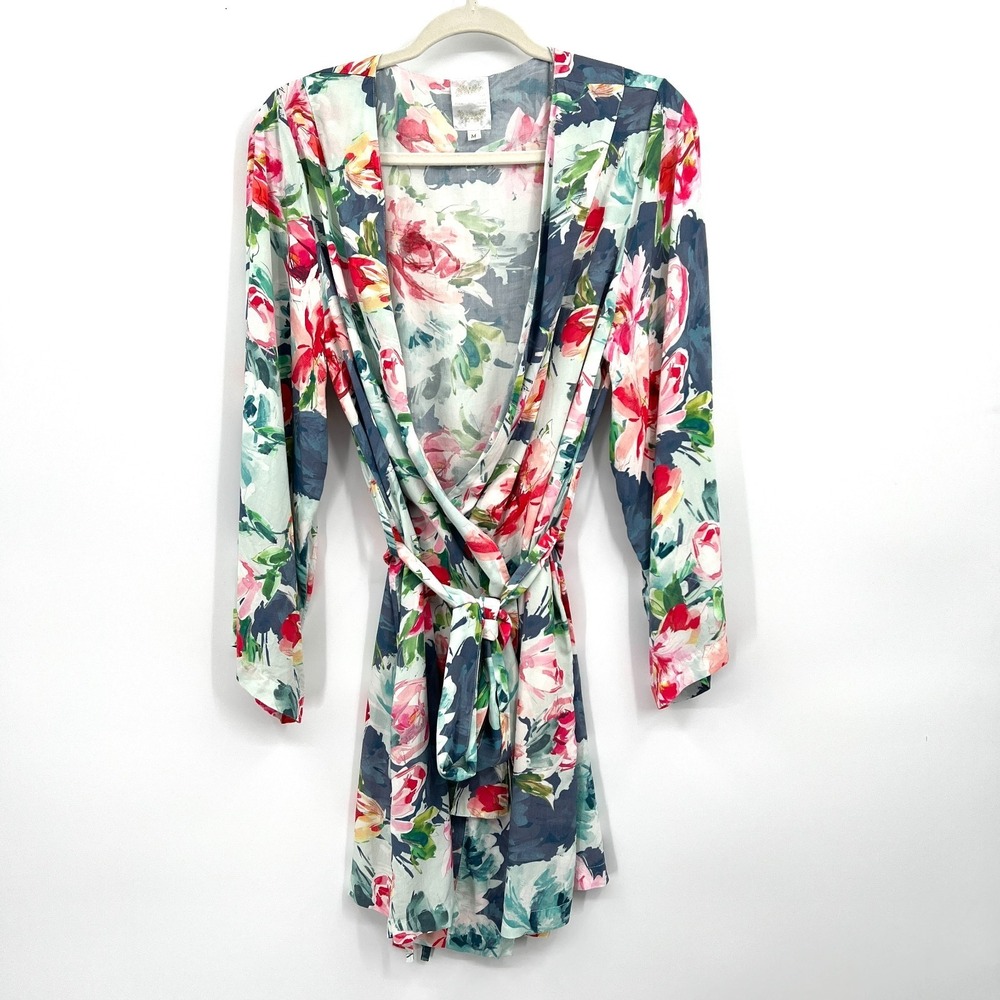 plum pretty sugar blue watercolor floral bathrobe dressing robe boho feminine M